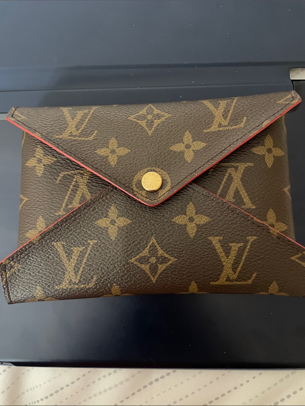 Louis Vuitton Monogram Envelope Pouch in Brown with Red Trim